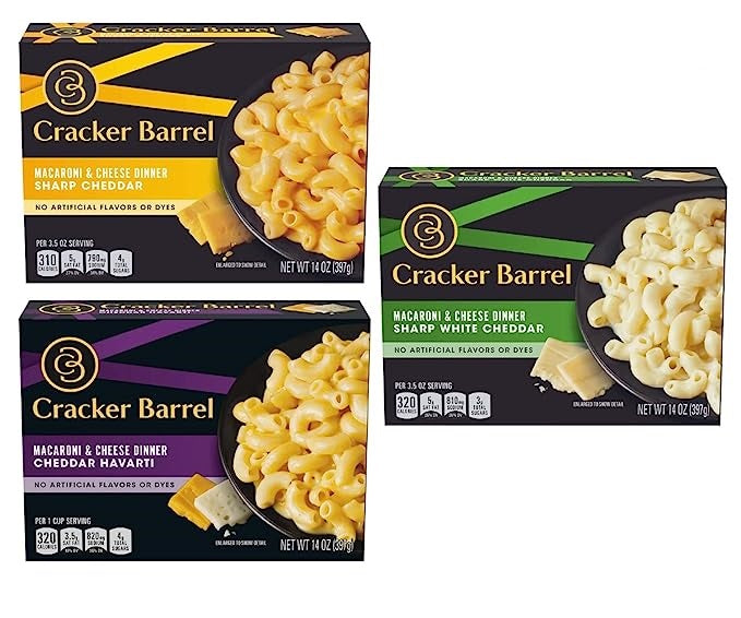 Macaroni and Cheese by Cracker Barrel in 3 Variety Packs - Sharp Cheddar, Cheddar Havarti and Sharp White Cheddar Flavor, An Instant Mac and Cheese Dinner Meal for the Whole Family, Pantry Staples in 14 Oz Box Each (Pack of 3)