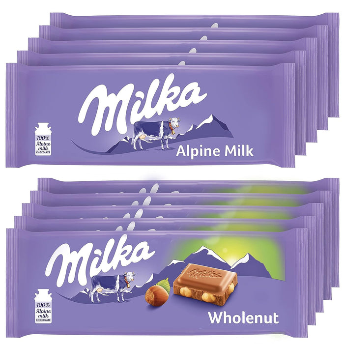 Milka Variety Pack, Alpine Milk Chocolate & Whole Hazelnut Chocolate Bars 3.5 Oz / 100 gr (Pack of 10)