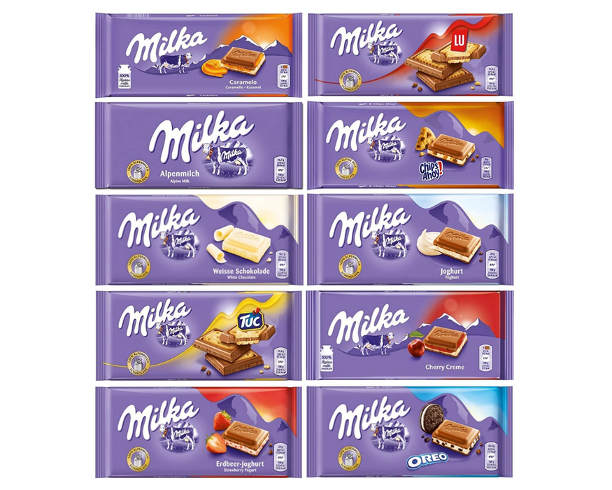 Milka Chocolate Assortment Variety Chocolate Bars - Randomly Selected No Duplicates 3.5 Oz / 100 gr (Pack of 10)